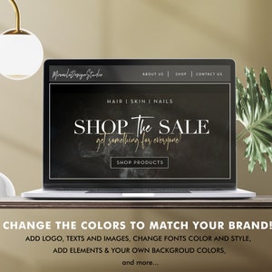 Op de afbeelding: Een laptopcomputer die een website weergeeft met een zwarte achtergrond en gouden tekst die "SHOP The SALE get something for everyone!" luidt, met een knop waarop "SHOP PRODUCTS" staat. De website is voor een bedrijf genaamd "Miracle Design Studio".