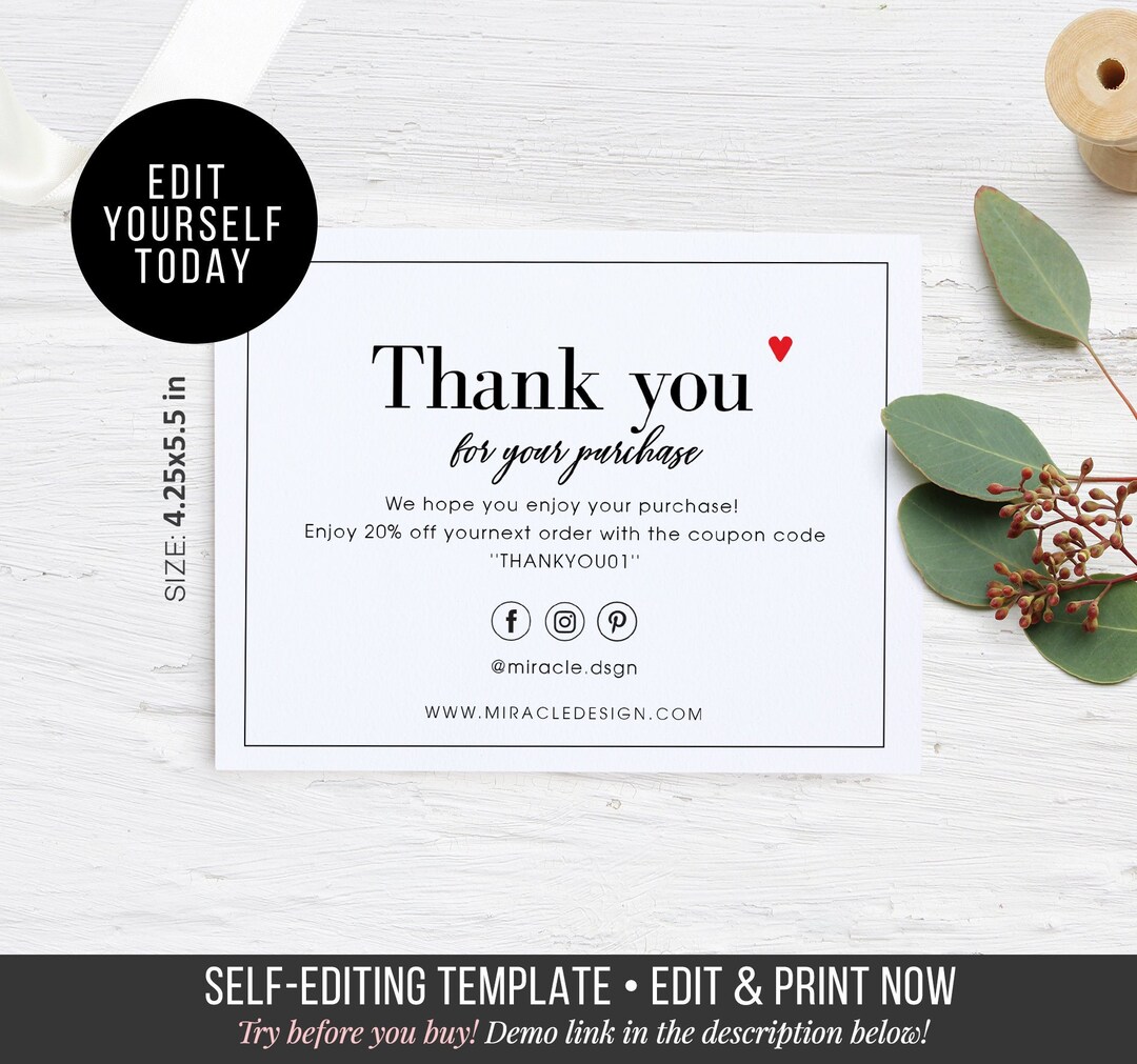 Business Thank You Card Order Inserts Template Instant Thank You Card