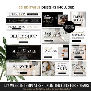 Op de afbeelding: Een verzameling van 33 bewerkbare social media graphics voor een beautysalon. De graphics hebben een zwart-gouden kleurenschema met tekst die zegt "Beauty Shop", "Nieuwe Aankomsten", "Black Friday Sale", "Gratis Verzending", "Handgemaakte Cosmetica", "Frisse Ontspanning", "Shop the Sale", "Winteruitverkoop", "Het Huidserum", "Abonneren", "Stralende Huid", "Handgemaakte Cosmetica" en "DIY Website Templates - Onbeperkte Bewerkingen voor 2 Jaar".