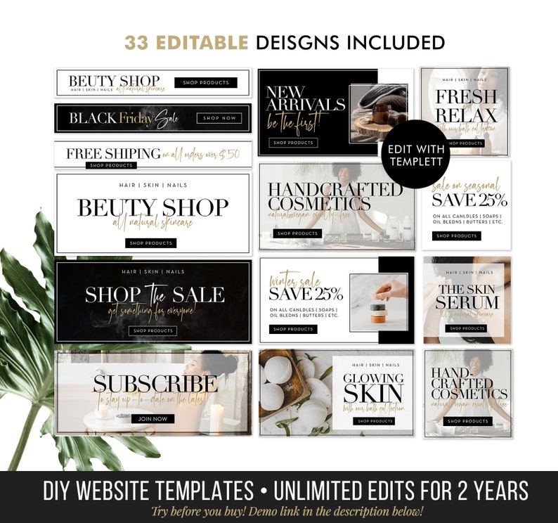 Op de afbeelding: Een verzameling van 33 bewerkbare social media graphics voor een beautysalon. De graphics hebben een zwart-gouden kleurenschema met tekst die zegt "Beauty Shop", "Nieuwe Aankomsten", "Black Friday Sale", "Gratis Verzending", "Handgemaakte Cosmetica", "Frisse Ontspanning", "Shop the Sale", "Winteruitverkoop", "Het Huidserum", "Abonneren", "Stralende Huid", "Handgemaakte Cosmetica" en "DIY Website Templates - Onbeperkte Bewerkingen voor 2 Jaar".