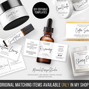 May include: A collection of DIY editable templates for product labels and packaging. The templates feature a variety of designs, including a coconut and lime body wash, a rosemary essential oil, a coffee scrub soap, and a cherry pie candle. The templates are all in a minimalist style with black text on a white background.