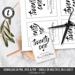 May include: Printable 21st birthday party favor tags with black text on white background. The text reads "Twenty One" with a star and "Finally Legal! Fiona's 21st Birthday March 29, 2019".