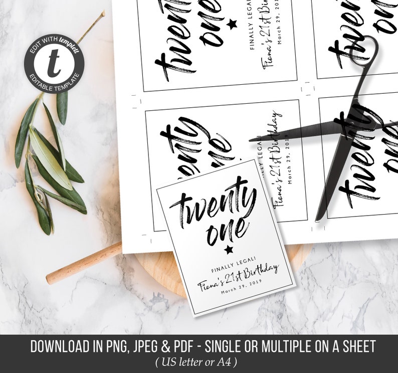 May include: Printable 21st birthday party favor tags with black text on white background. The text reads "Twenty One" with a star and "Finally Legal! Fiona's 21st Birthday March 29, 2019".