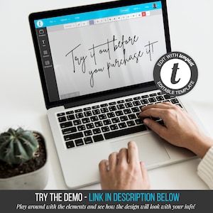 Puede incluir: Una pantalla de computadora port&aacute;til que muestra el texto "Try it out before you purchase it!" con una mano escribiendo en el teclado. El texto "EDIT WITH templat EDITABLE TEMPLATE" tambi&eacute;n es visible en la pantalla.
