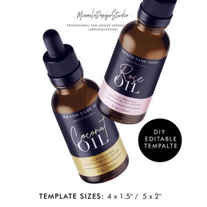 May include: Two brown apothecary bottles with black droppers, labeled "Rose Oil" and "Coconut Oil." The labels are dark with gold and pink accents. The image includes the text "Miracle Design Studio" and "DIY Editable Template."