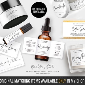 May include: A collection of DIY editable templates for product labels and packaging. The templates feature a variety of designs, including a coconut and lime body wash, a rosemary essential oil, a coffee scrub soap, and a cherry pie candle. The templates are all in a minimalist style with black text on a white background.