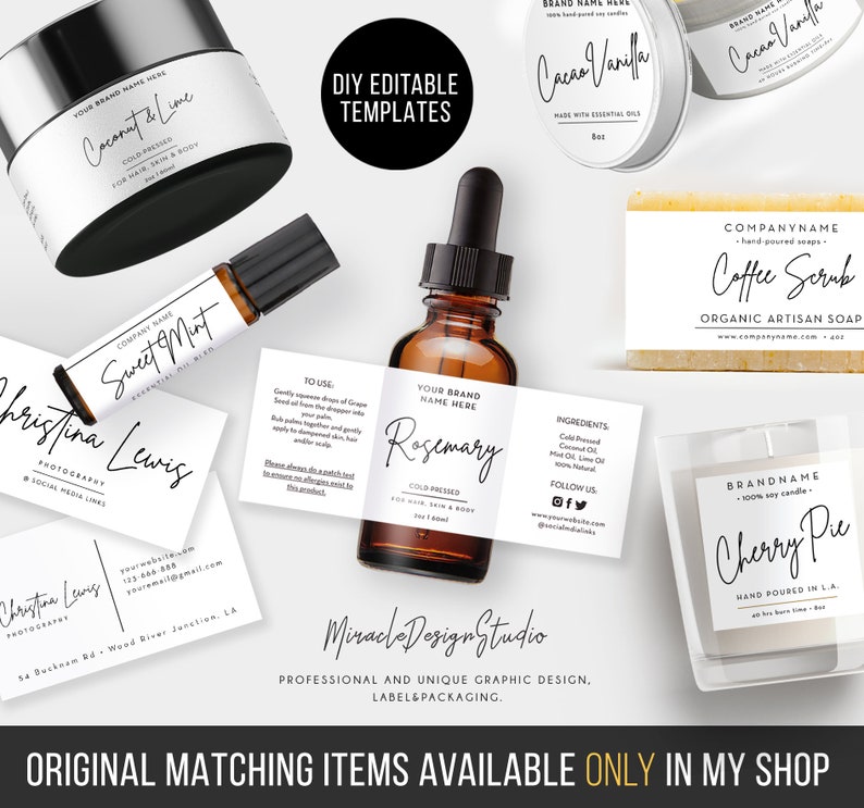 May include: A collection of DIY editable templates for product labels and packaging. The templates feature a variety of designs, including a coconut and lime body wash, a rosemary essential oil, a coffee scrub soap, and a cherry pie candle. The templates are all in a minimalist style with black text on a white background.