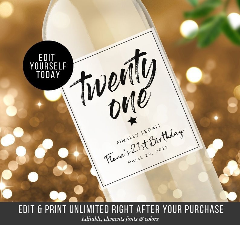 editable birthday label 21st birthday gift wine label etsy