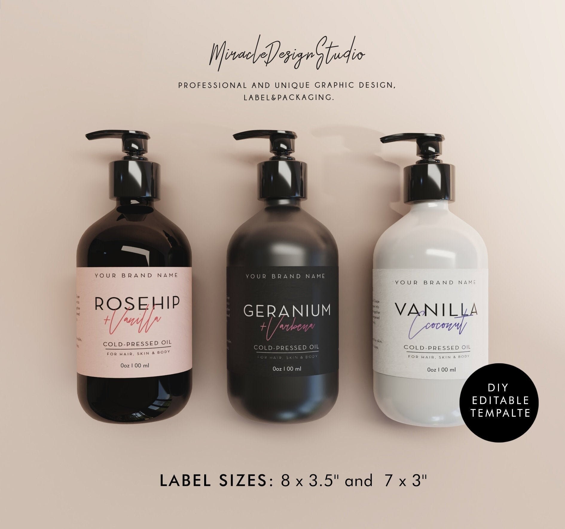 DIY Bottle Label Template, Editable Boston Round Labels, 8 oz, 16 oz Bottle, Minimalist Label Design, Shampoo, Soap Label, Essential Oil