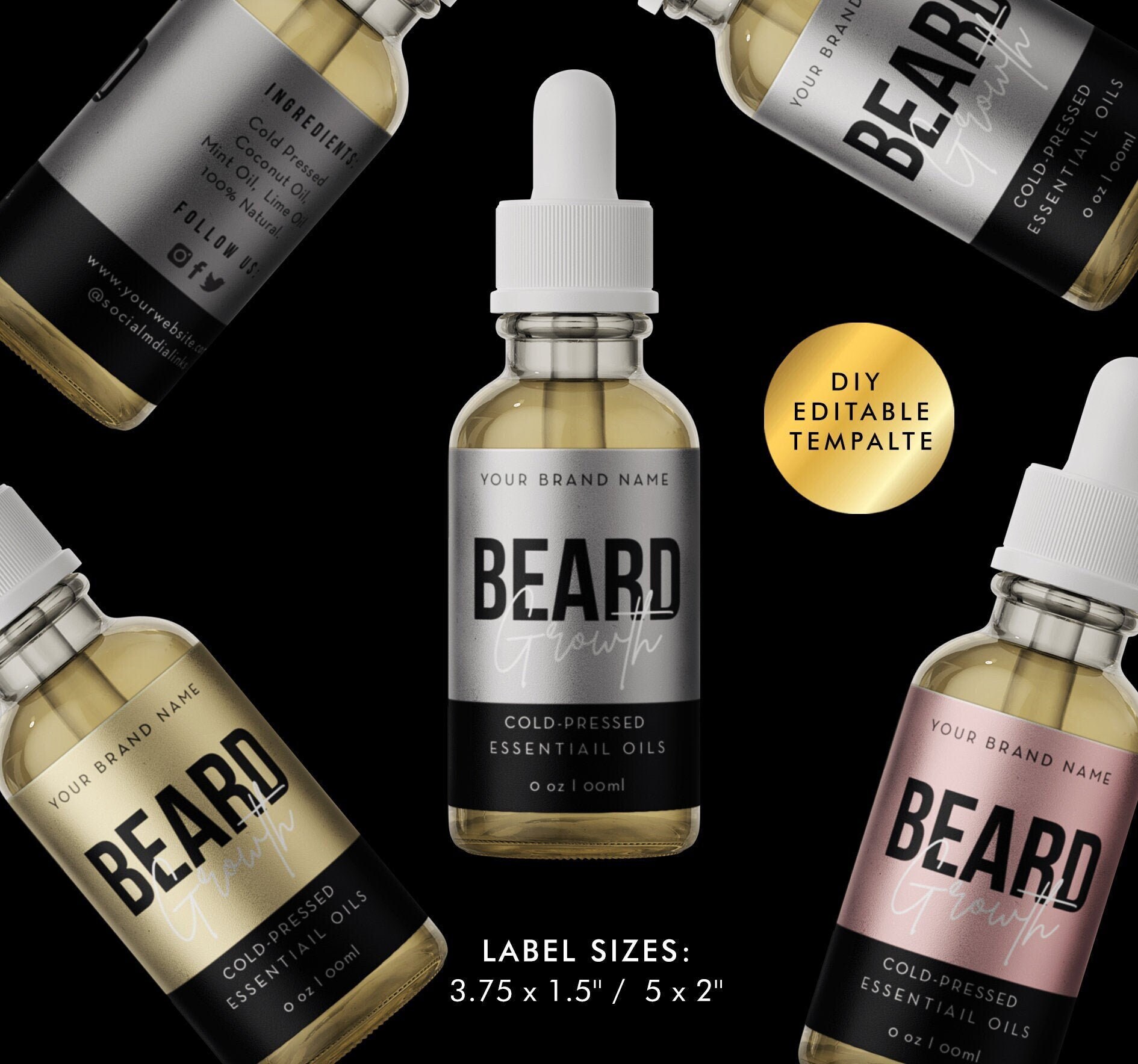 Editable Beard Oil label - Customizable Beauty Label Template - DIY Editable label with Templett - Dropper Bottle Faux Gold 3.75x1.5 and 5x2