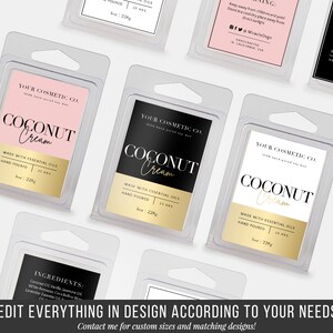 May include: Four clear plastic containers with labels for coconut cream scented soy wax melts. The labels are in black, white, and gold with the text "YOUR COSMETIC CO. 100% hand-poured soy wax COCONUT Cream MADE WITH ESSENTIAL OILS HAND POURED 25 HRS Size 226g".
