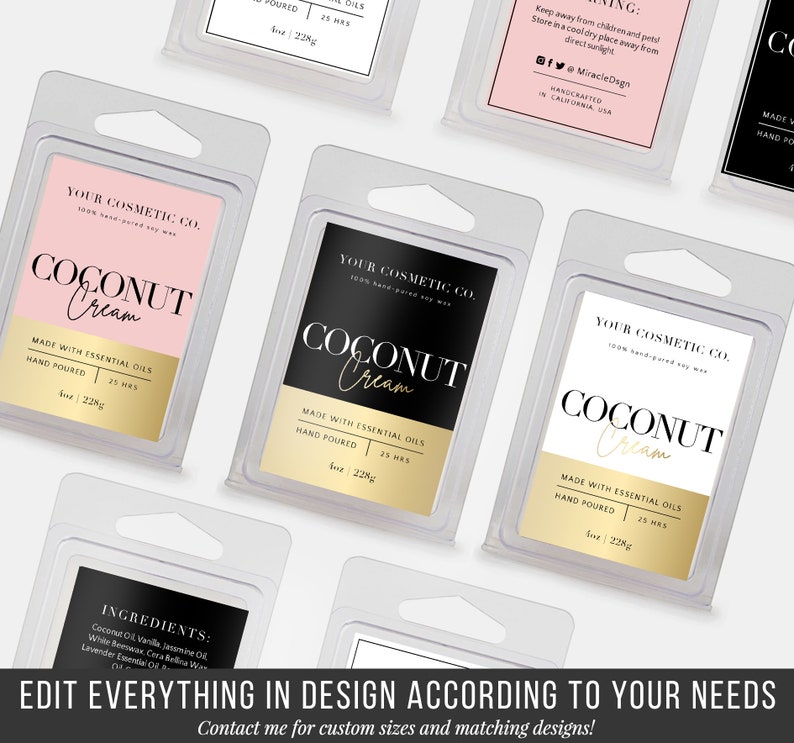 May include: Four clear plastic containers with labels for coconut cream scented soy wax melts. The labels are in black, white, and gold with the text "YOUR COSMETIC CO. 100% hand-poured soy wax COCONUT Cream MADE WITH ESSENTIAL OILS HAND POURED 25 HRS Size 226g".