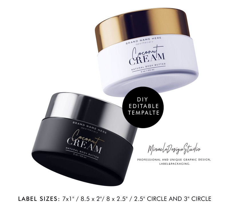 May include: Two black and white cosmetic jars with gold lids. The jars are labeled "Coconut Cream" and "Natural Body Butter". The jars are 2.5 inches in diameter and 3 inches in diameter. The jars are on a white background.