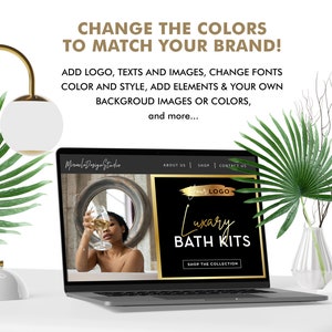 May include: A laptop computer screen displaying a website for luxury bath kits. The website has a black background with gold text and a gold brush stroke graphic. The text on the website reads "Your Logo", "Luxury Bath Kits", and "Shop the Collection".