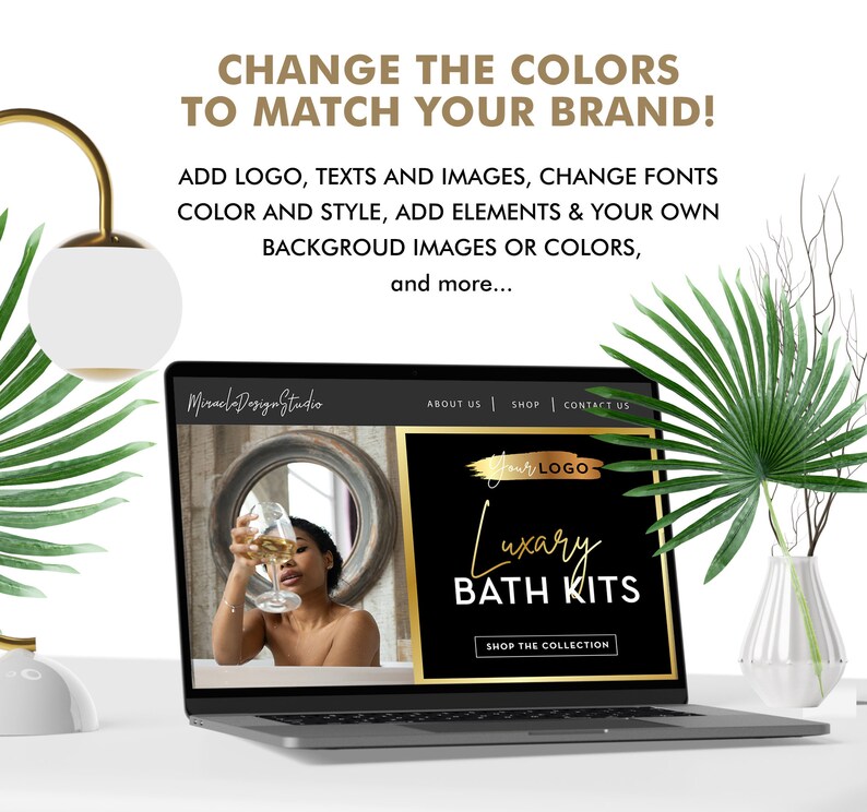 May include: A laptop computer screen displaying a website for luxury bath kits. The website has a black background with gold text and a gold brush stroke graphic. The text on the website reads "Your Logo", "Luxury Bath Kits", and "Shop the Collection".