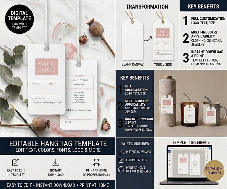 Puede incluir: Una plantilla digital de etiquetas colgantes con rect&aacute;ngulos blancos, espacios para logotipos en rosa, y campos para precio, talla y contenido. El dise&ntilde;o incluye texto personalizable, instrucciones de cuidado e iconos de redes sociales.