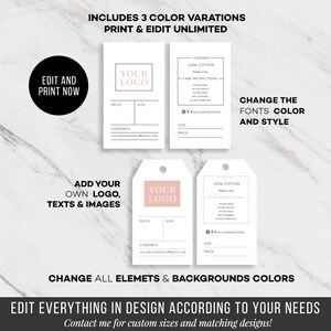 Puede incluir: Un conjunto de etiquetas y tarjetas de producto editables con fondos blancos, texto negro y espacios para logotipos en rosa. Los dise&ntilde;os incluyen secciones para contenido, instrucciones de cuidado, precio, tama&ntilde;o y enlaces a redes sociales.