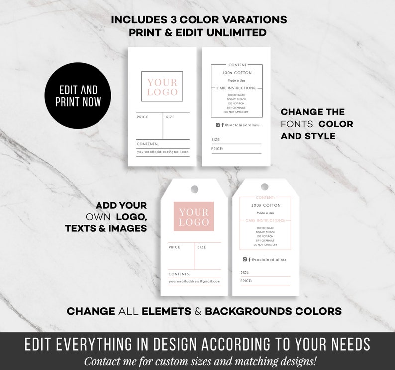 Puede incluir: Un conjunto de etiquetas y tarjetas de producto editables con fondos blancos, texto negro y espacios para logotipos en rosa. Los dise&ntilde;os incluyen secciones para contenido, instrucciones de cuidado, precio, tama&ntilde;o y enlaces a redes sociales.