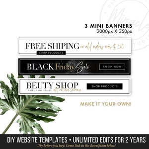 Op de afbeelding: Drie zwart-witte websitebanner sjablonen met gouden tekst. De banners adverteren gratis verzending voor bestellingen boven de &euro; 50, een Black Friday sale en een beautysalon. De banners zijn 2000 pixels bij 350 pixels.