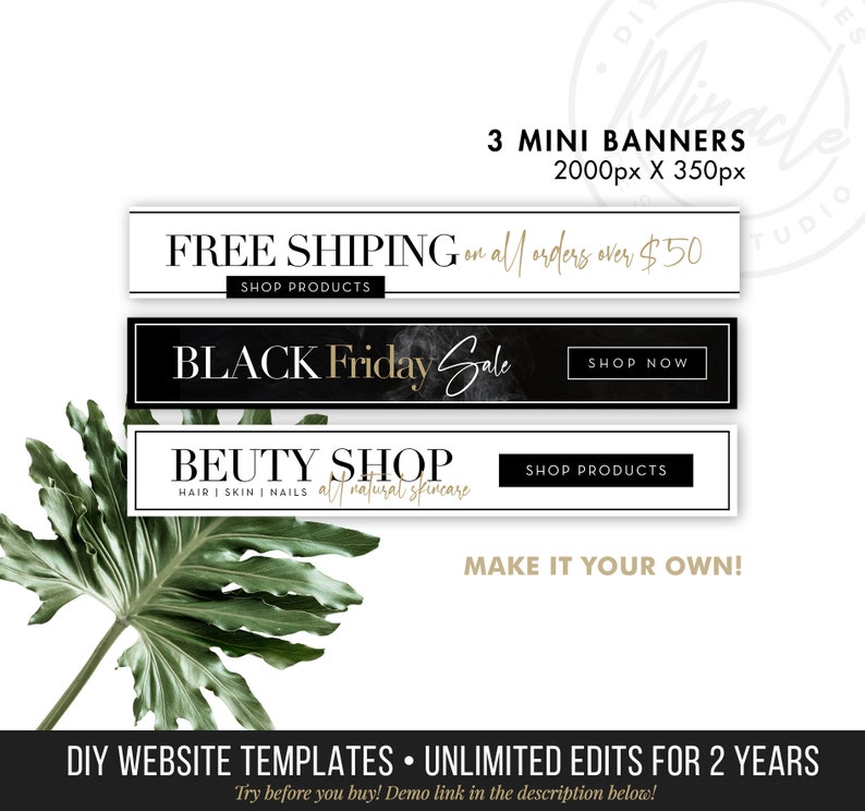 Op de afbeelding: Drie zwart-witte websitebanner sjablonen met gouden tekst. De banners adverteren gratis verzending voor bestellingen boven de &euro; 50, een Black Friday sale en een beautysalon. De banners zijn 2000 pixels bij 350 pixels.