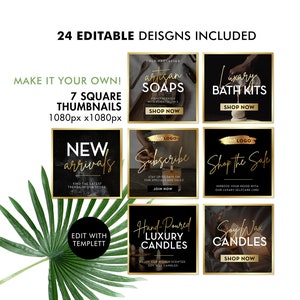 May include: Seven square social media thumbnails with gold accents and black backgrounds. The thumbnails advertise artisan soaps, luxury bath kits, new arrivals, a subscription service, a self-care line, hand-poured luxury candles, and soy wax candles.