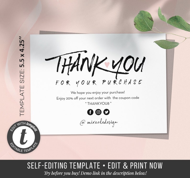 Business Thank You Card Order Inserts template Instant Etsy
