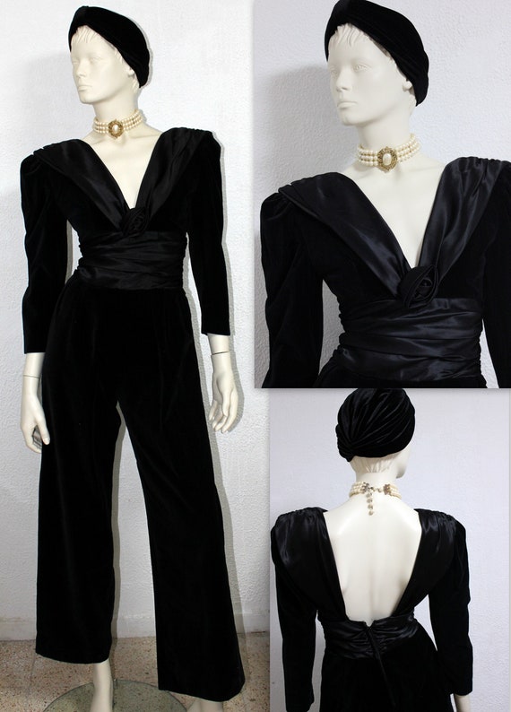 Vintage Scarvin London Black Velvet Satin Catsuit