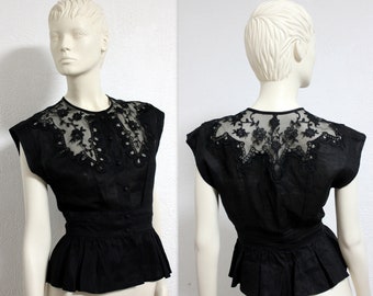 chemisier peplum en lin noir vintage crochet sans manches en dentelle transparente haut boutonné