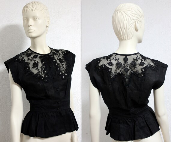 Vintage black linen peplum blouse crochet sleevele