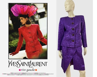 Runway Yves Saint Laurent Rive Gauche YSL Brocade Suit Blazer Wraps Skirt Wood Buttons Jacquard Silk