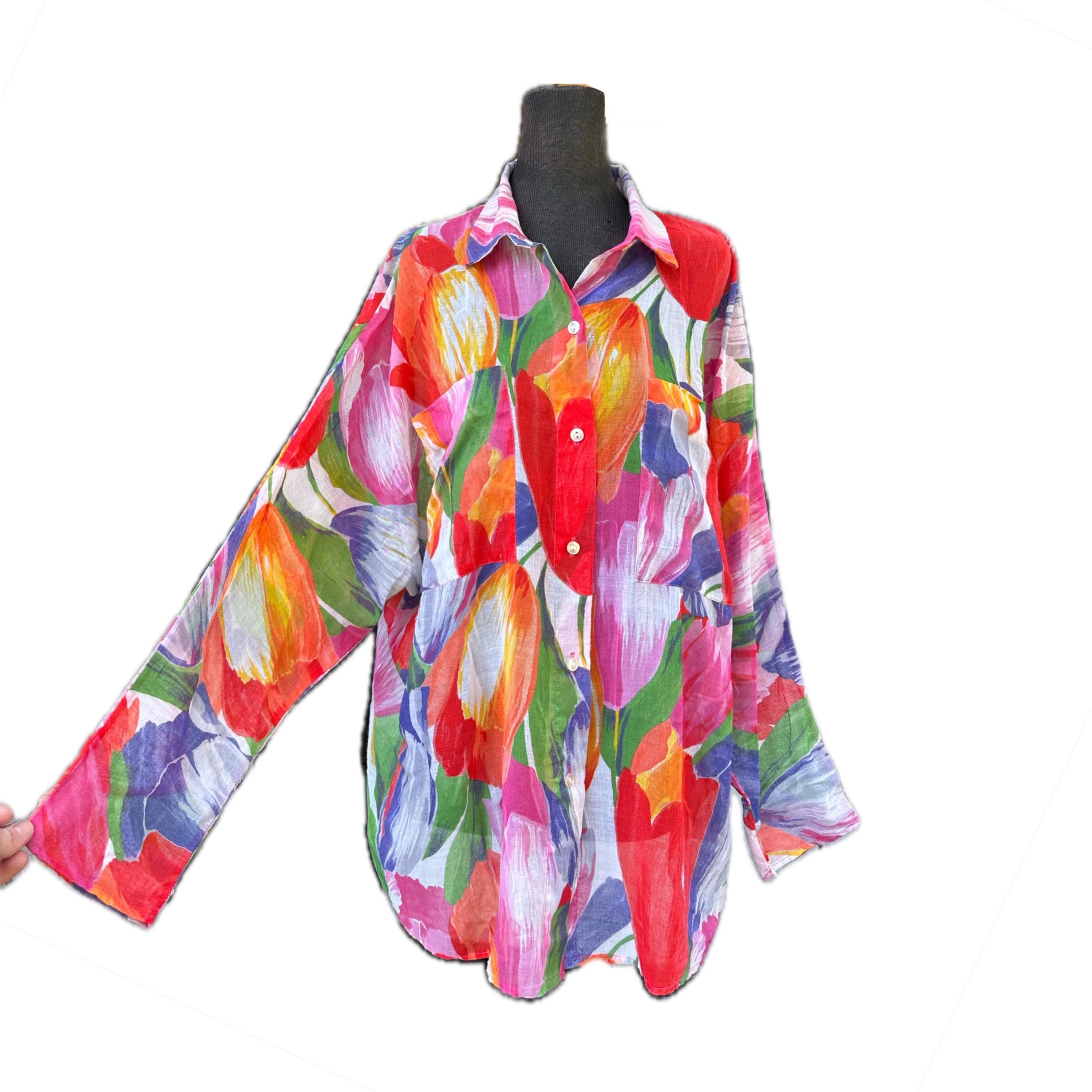 Tulip Print Oversized Button Down / I Magnin Sheer Cotton