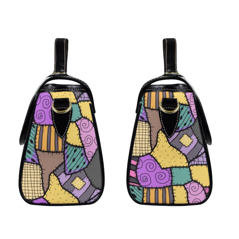 May include: Two handbags with a patchwork design. The bags feature a black handle and strap, with a colorful pattern of stitched fabric squares in shades of purple, yellow, green, and brown. The bags have a structured shape and a glossy finish.