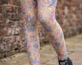 Beige Pastel Goth Retro Tattoo Statement Striped Goth Printed Tights S-2XL
