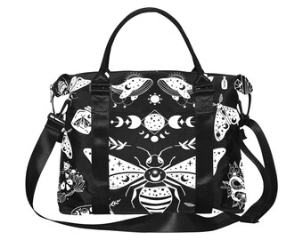 Black Witchy Moth Duffel Bag, Gothic Celestial Travel Bag