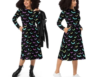 Pastel Bats Midi Dress Long Sleeved Ladies with Pockets Goth