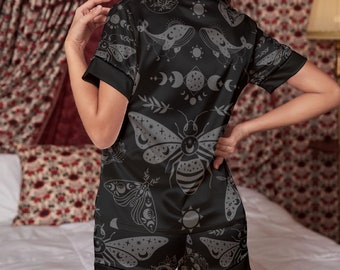 Celestial Witchy Goth Moth Print Imitation Silk Pyjamas Shorts Sleeved Summer