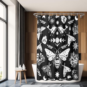 Celestial Moth Goth Shower Curtain - Unique Bathroom Decor, Dark Moth Print, Gothic Home Accessories, Galaxy Insect Bath Curtain, Lunar