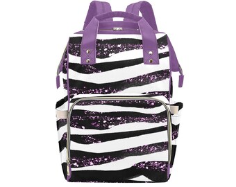Black, White & Lilac Zebra Print Diaper Backpack Mommy Bag Travel Changing