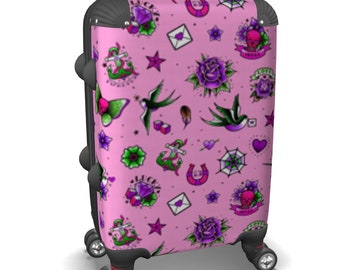 Pink Retro Tattoo Travel Suitcase, 360 degree wheels, Lightweight, Cabin Bag, personalised