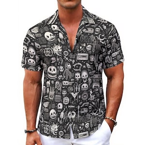 Black and White Spooky Hawaiian Shirt for Men – Gothic Summer Button-Up, Halloween Aloha Shirt, Skull Print