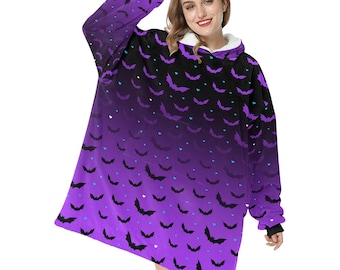 Purple Ombre Bat Spooky Halloween Theme Blanket Hooded Jumper Hoodie Winter Oversized Kids Adults