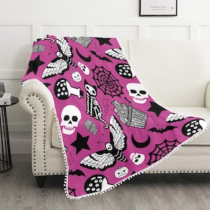 Spooky Pink Halloween Blanket with Pom Pom Edge Detail Different Sizes Available