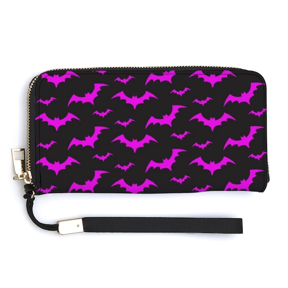 Pink Goth Bat Print Ladies Purse Wallet Card Holder Coin Zip up