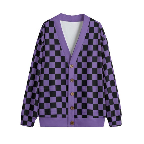 Purple & Black Checkered Punk Cardigan Jumper Unisex Plus Size S