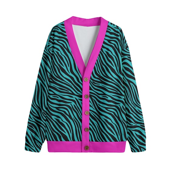 Bright Pink & Turquoise Zebra Animal Print Cardigan Jumper Unisex