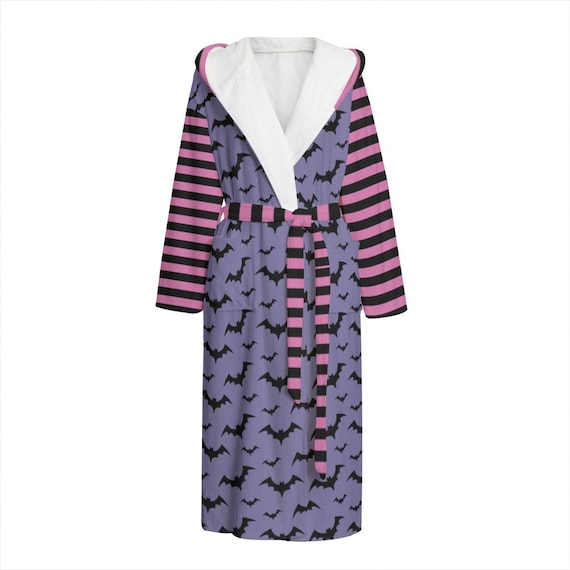 Plush Hooded Dressing Gown  Purple Bat Print With Pink & Black Stripes  Bathrobe Gift - Etsy Israel