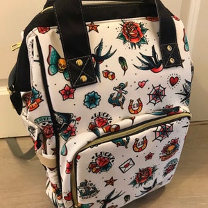 White Retro Tattoo Goth Diaper Backpack Mommy Bag Travel Changing Nappy image 3