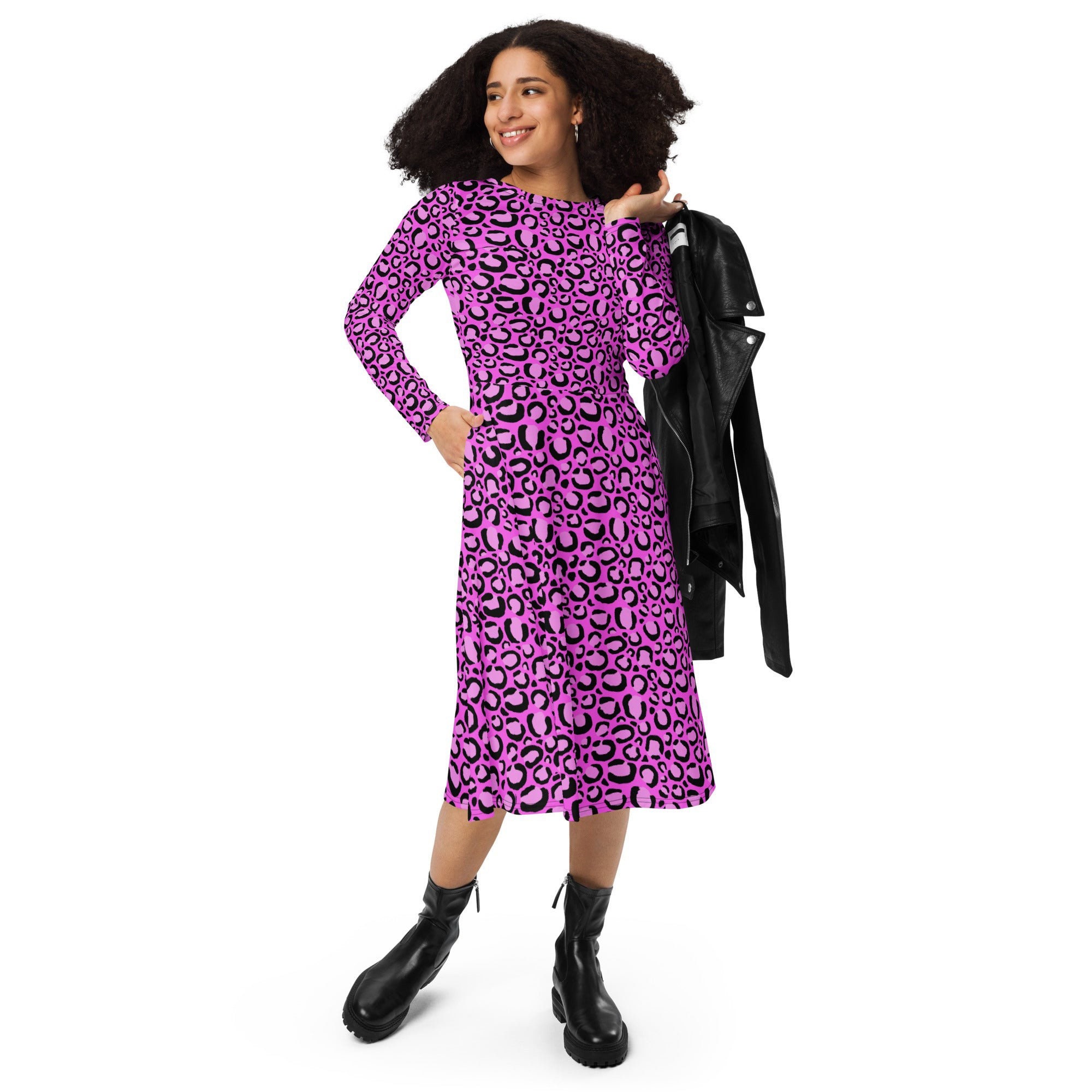 Pink Leopard Animal Print Midi Dress Long Sleeved Ladies With Pockets Goth  XXS-6XL - Etsy