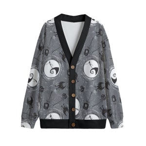 グレー ナイトメアー・ビフォア・クリスマス プリント カーディガン ジャンパー ユニセックス プラスサイズ S-5XL