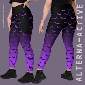 Purple Spooky Ombré Bat Print Full Length Gym Yoga Leggings with Pockets